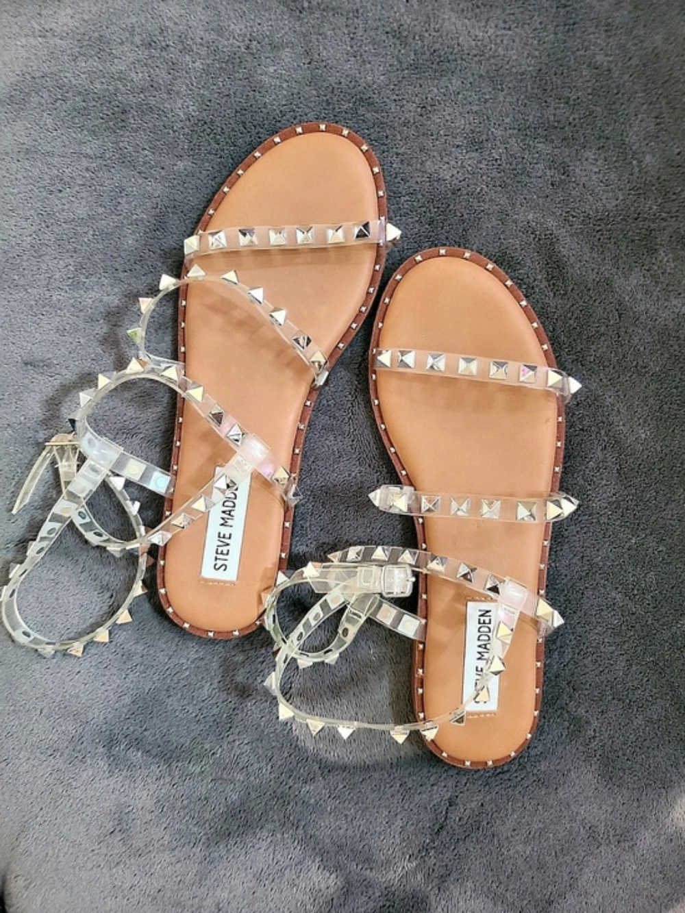 Steve Madden Travel Clear Studded Flat Sandal Sandals Brown & Clear